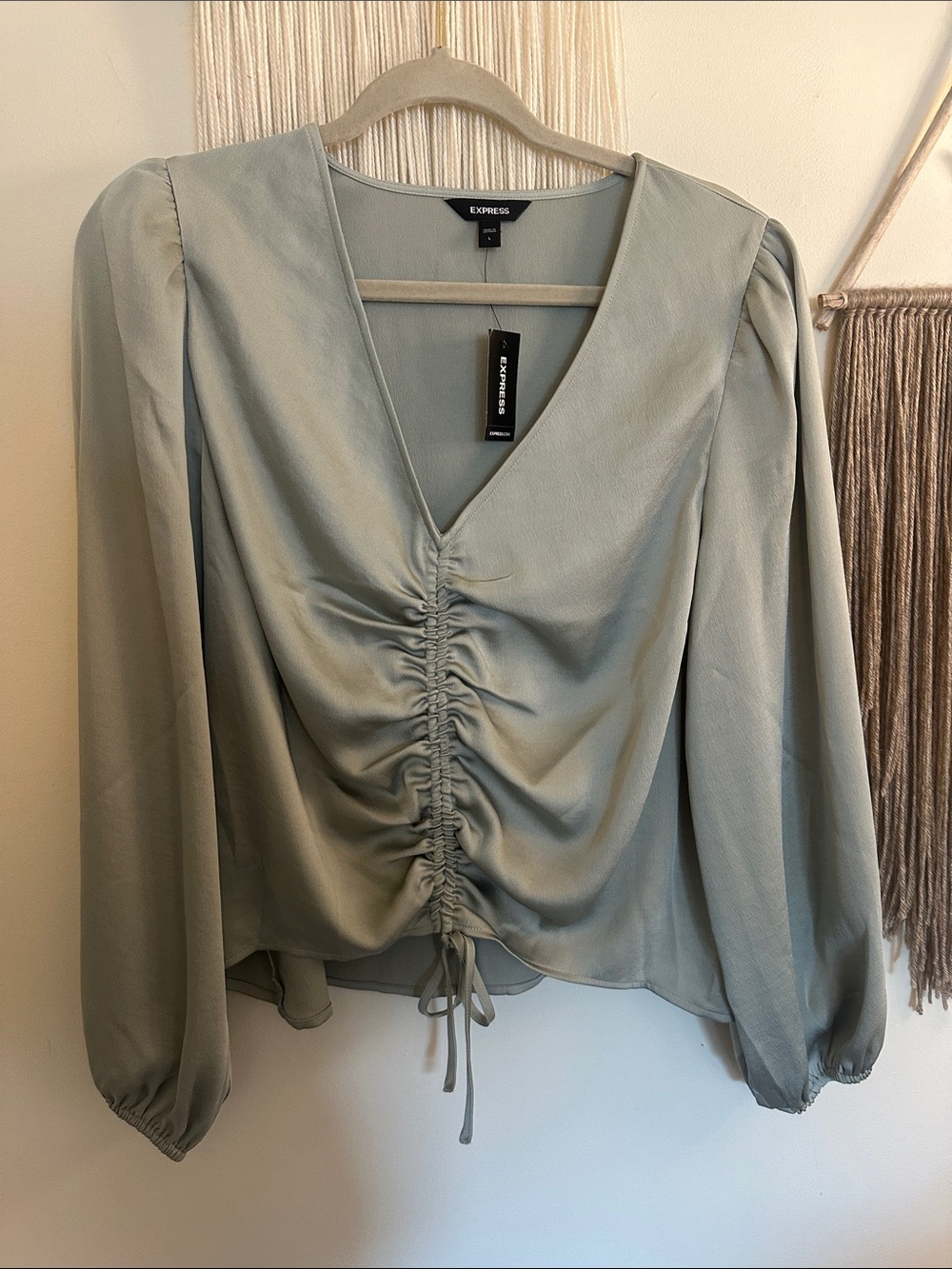 Express Sage Drawstring Ruched V-Neck Long Sleeve Blouse